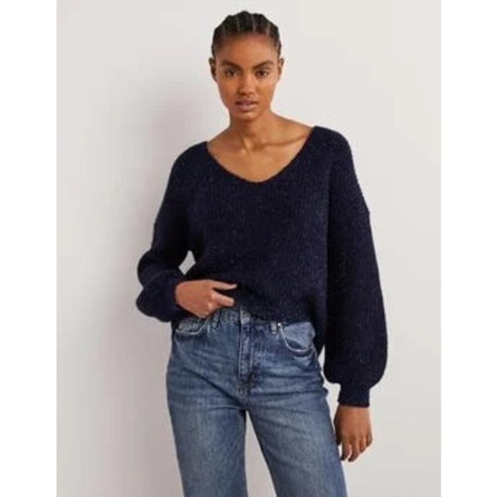 NEW Boden Navy Sparkle Ribbed V-neck Fluffy Bubble Sleeves Cozy Sweater 12